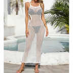 Sexy Hollow Out Cutout Waist Long Solid Color Breathable Sling Maxi Dress Beach Sun Shield Dress Crochet hook