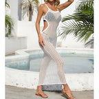 Sexy Hollow Out Cutout Waist Long Solid Color Breathable Sling Maxi Dress Beach Sun Shield Dress Crochet hook