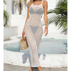 Sexy Hollow Out Cutout Waist Long Solid Color Breathable Sling Maxi Dress Beach Sun Shield Dress Crochet hook