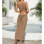 Sexy Hollow Out Cutout Waist Long Solid Color Breathable Sling Maxi Dress Beach Sun Shield Dress Crochet hook