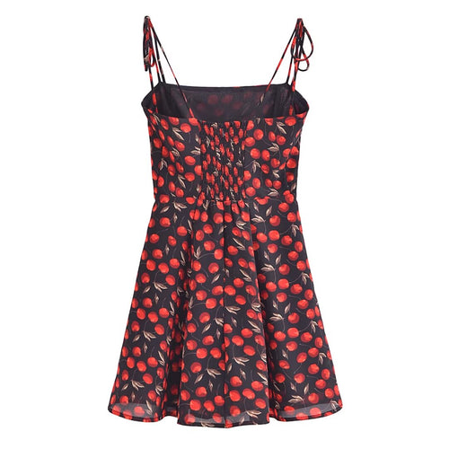 French Cherry Print Lace-Up Strap Dress