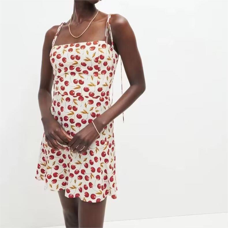 Cherry-Print Chiffon Strap Dress