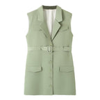 Solid-Color Long Vest With Belt