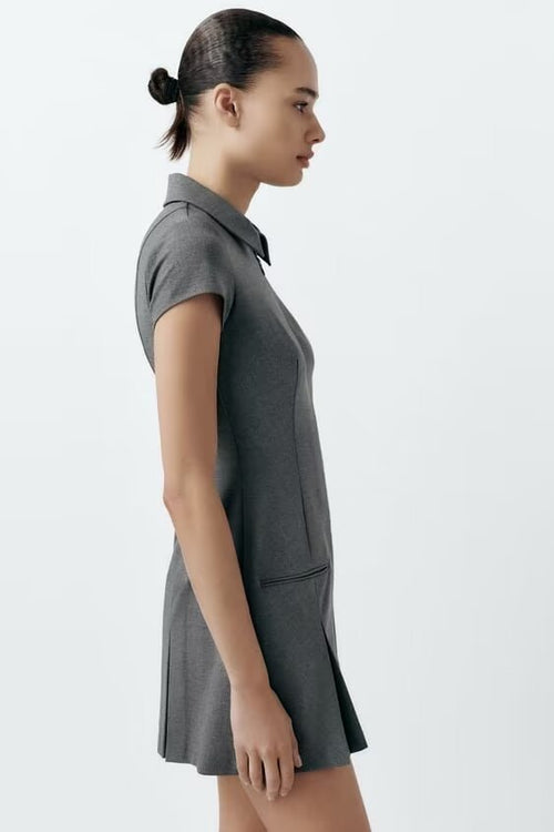 Sexy Polo Collar Short Sleeved Dress Summer Waist-Controlled Slim Fit Slimming Solid Color Pleated A line Short Dress for Women