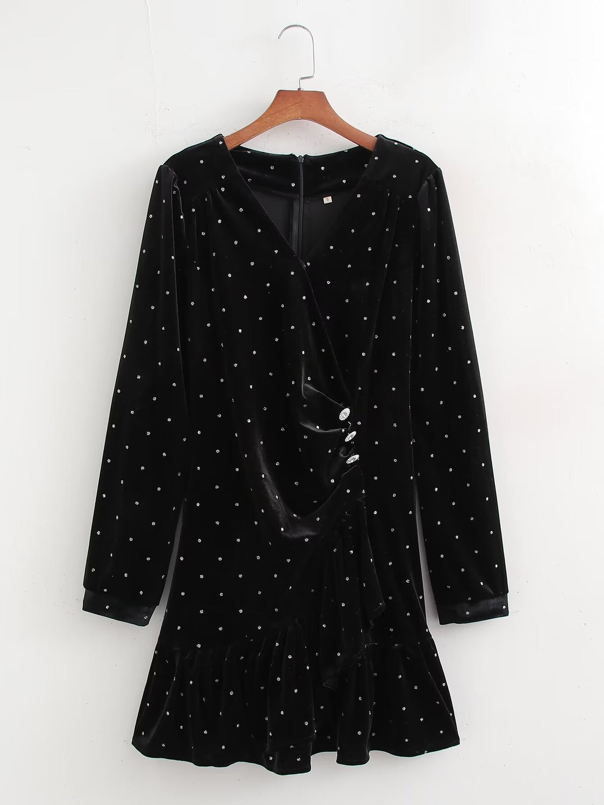 Women's V-Neck Velvet Ruffle Long-Sleeve Mini Dress