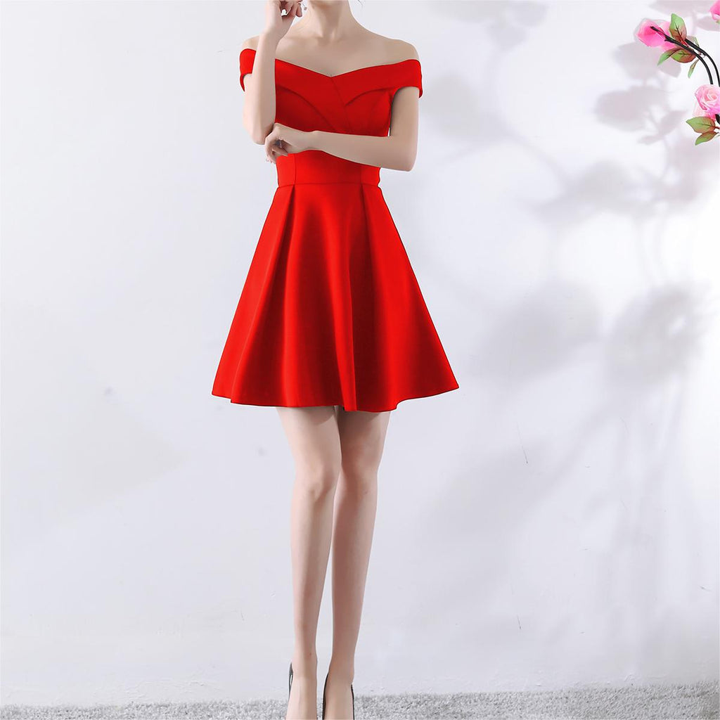 Women's Bridal Wedding Summer Red Short Off-Shoulder Wedding Dress