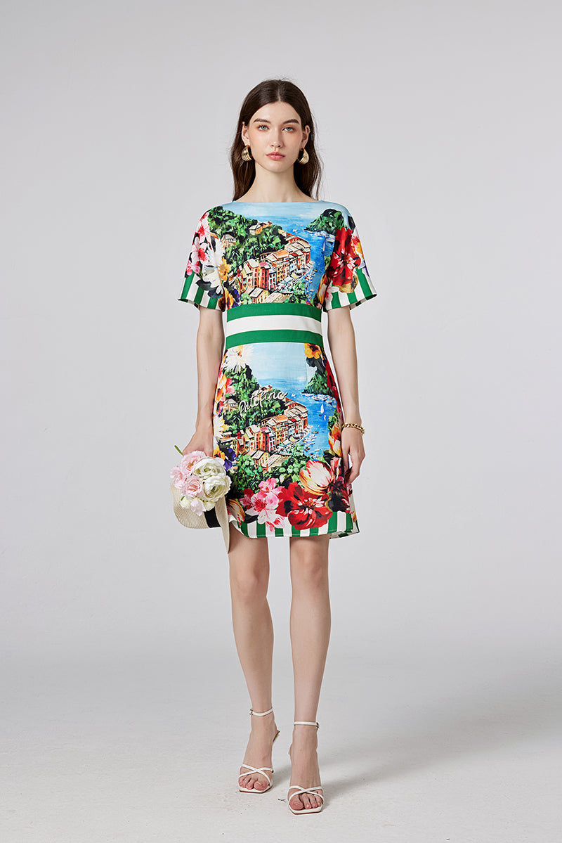 Floral Short-Sleeve A-Line Mini Dress