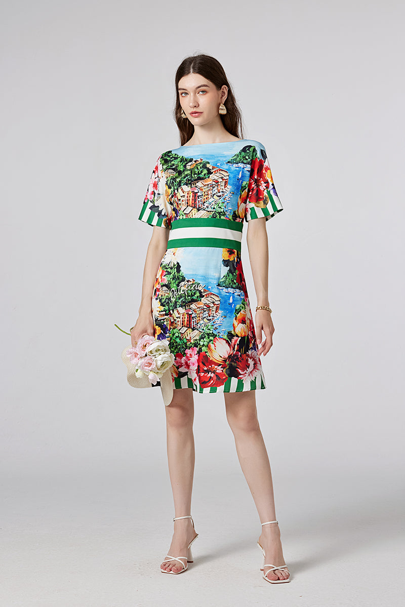 Floral Short-Sleeve A-Line Mini Dress