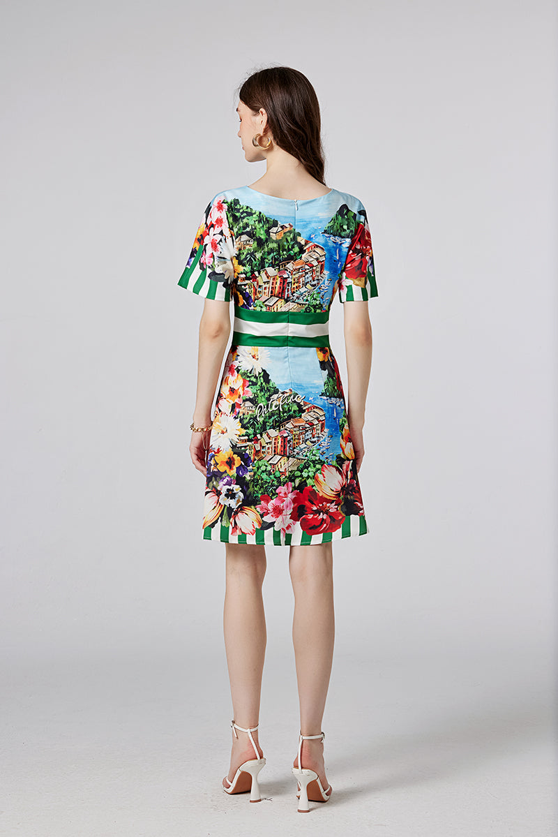 Floral Short-Sleeve A-Line Mini Dress