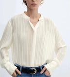 Women's Winter Women Clothing Fashionable All Match Loose V Neck Pleated Long Sleeve Shirt
