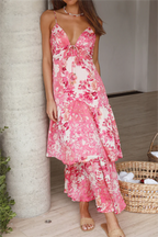 Women's V-Neck Floral Tie Sleeveless Dress