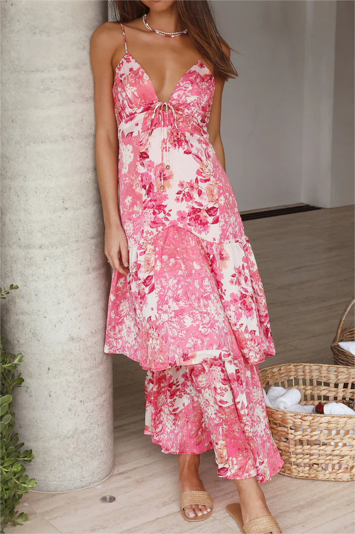 Women's V-Neck Floral Tie Sleeveless Dress