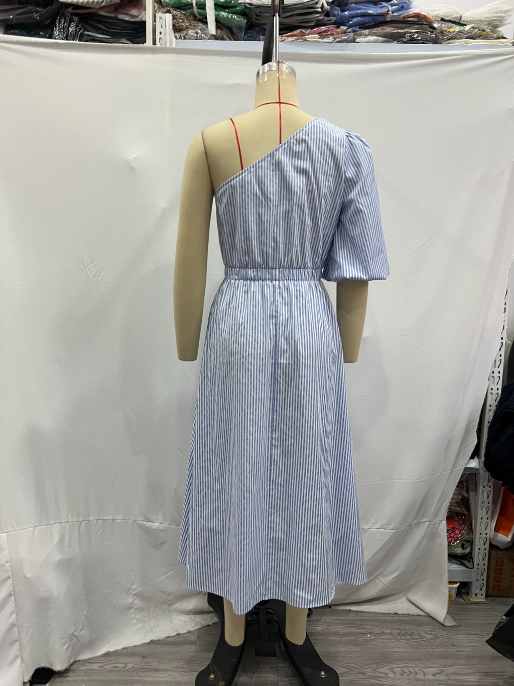 French Casual Retro Slim Asymmetric Single Sleeve Striped Dress