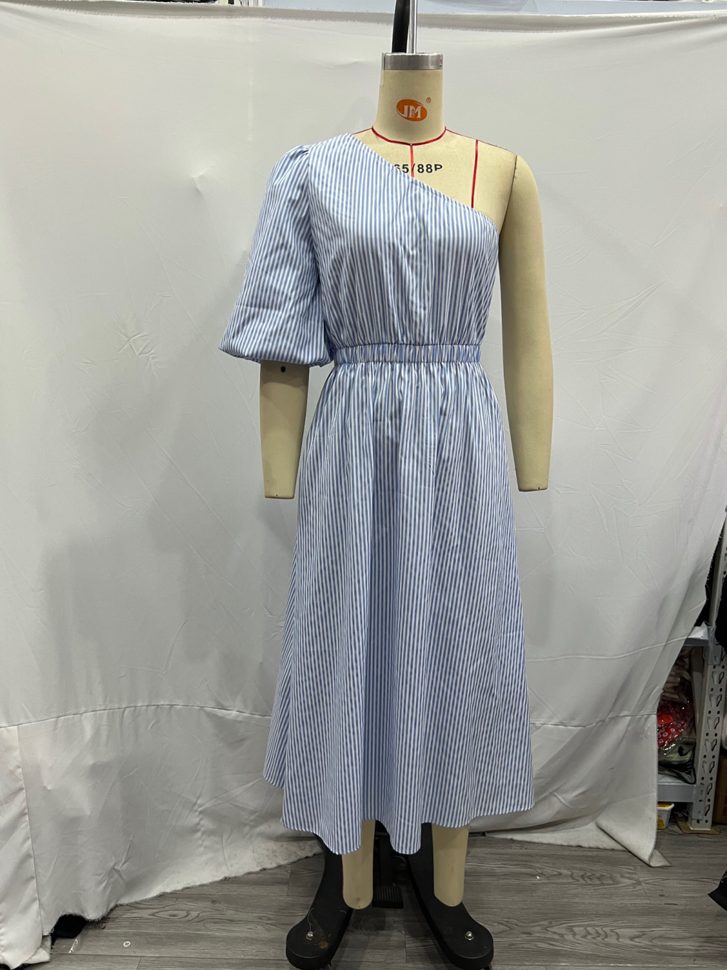 French Casual Retro Slim Asymmetric Single Sleeve Striped Dress