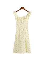 Women's French Floral Ruffle Square-Neck Split Dress
