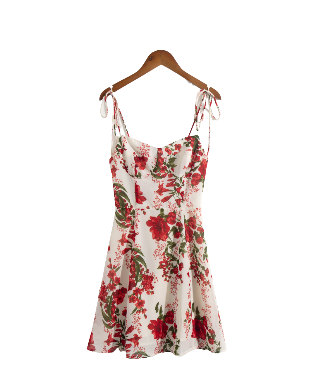 Tied Spaghetti-Strap Short Backless Red Floral V-Neck Dress