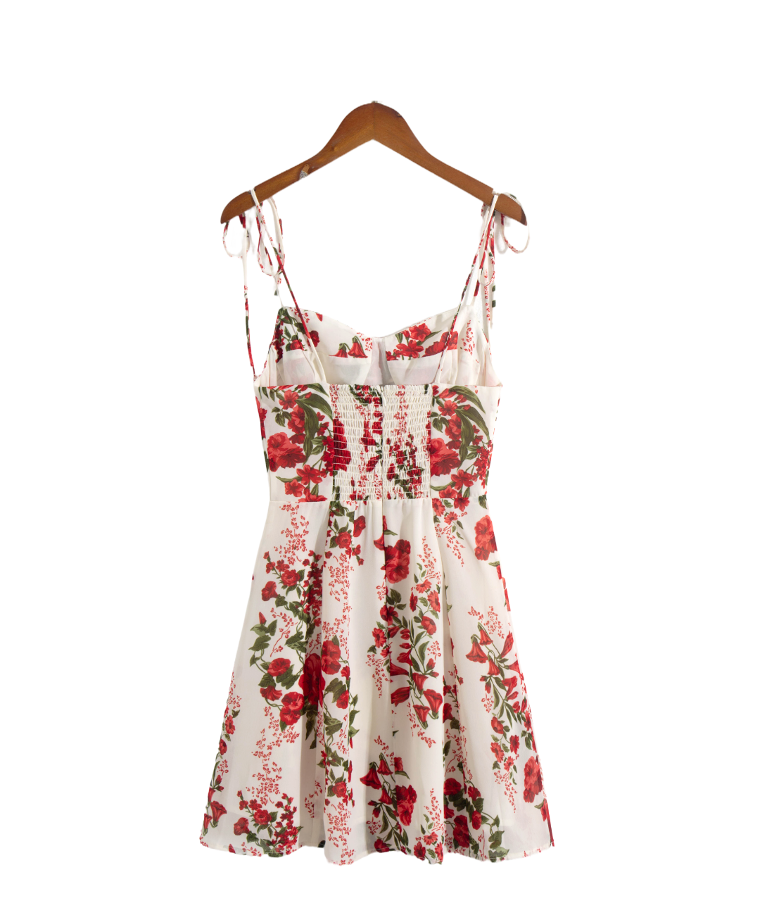Tied Spaghetti-Strap Short Backless Red Floral V-Neck Dress