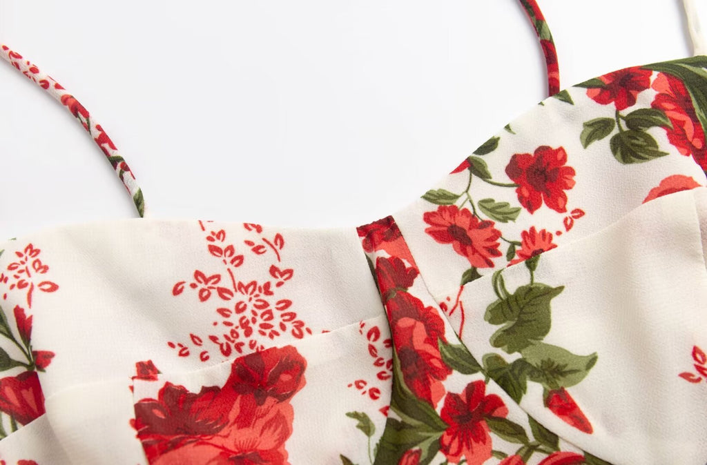 Tied Spaghetti-Strap Short Backless Red Floral V-Neck Dress