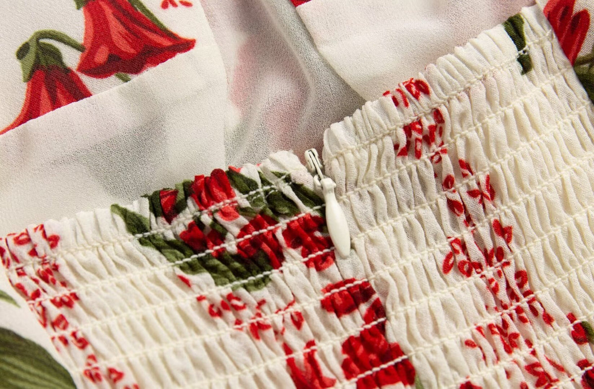 Tied Spaghetti-Strap Short Backless Red Floral V-Neck Dress