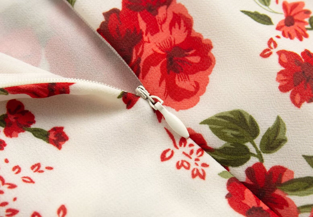 Tied Spaghetti-Strap Short Backless Red Floral V-Neck Dress