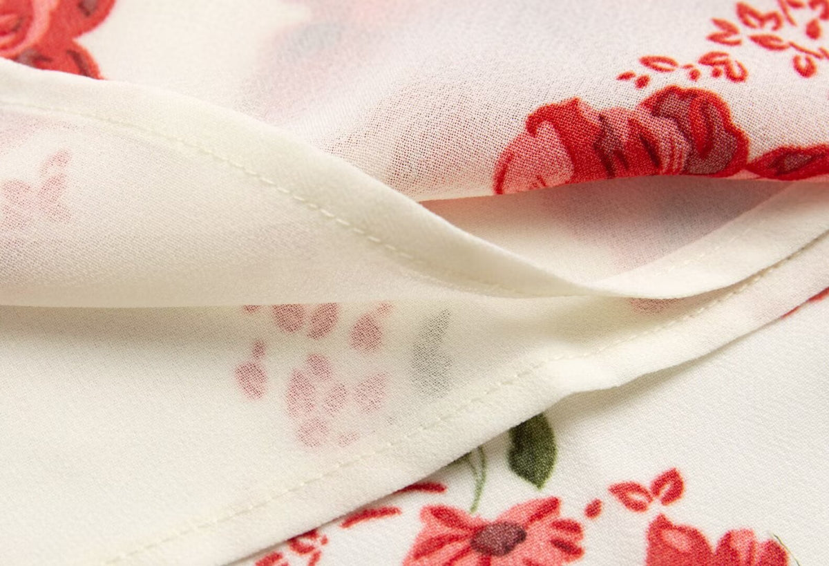 Tied Spaghetti-Strap Short Backless Red Floral V-Neck Dress