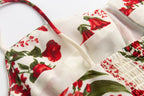 Tied Spaghetti-Strap Short Backless Red Floral V-Neck Dress