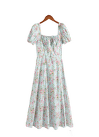 Women's Early Spring Sexy Sexy Square Neck Puff Sleeve Boning Corset Floral Print Slit Dress