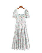 Women's Early Spring Sexy Sexy Square Neck Puff Sleeve Boning Corset Floral Print Slit Dress