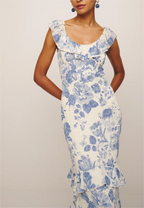 Women's Spring Summer French Elegant Classical Printing Slip Dress Women Ruffled U Neck Maxi Dress