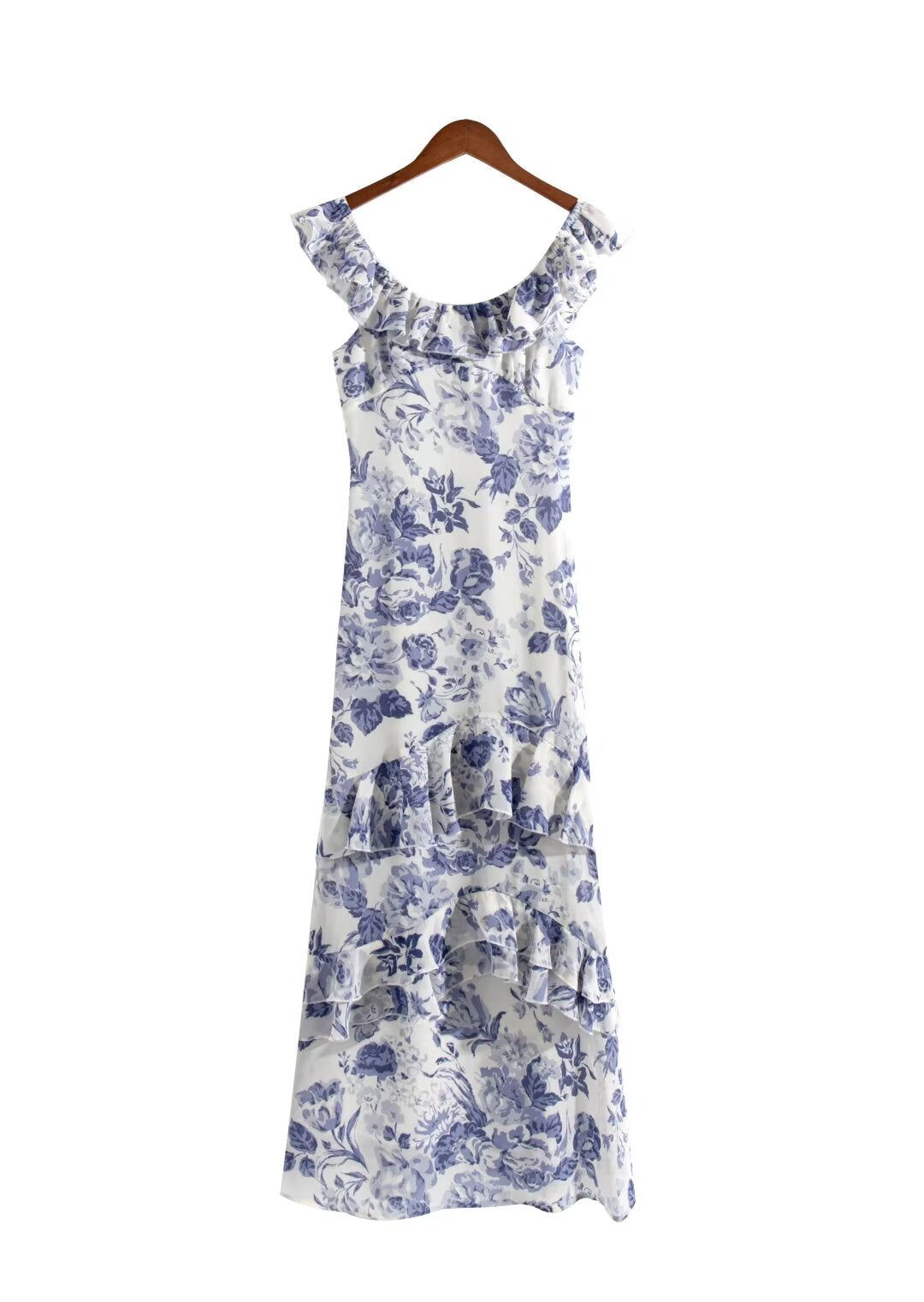 Women's Spring Summer French Elegant Classical Printing Slip Dress Women Ruffled U Neck Maxi Dress