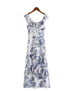 Women's Spring Summer French Elegant Classical Printing Slip Dress Women Ruffled U Neck Maxi Dress