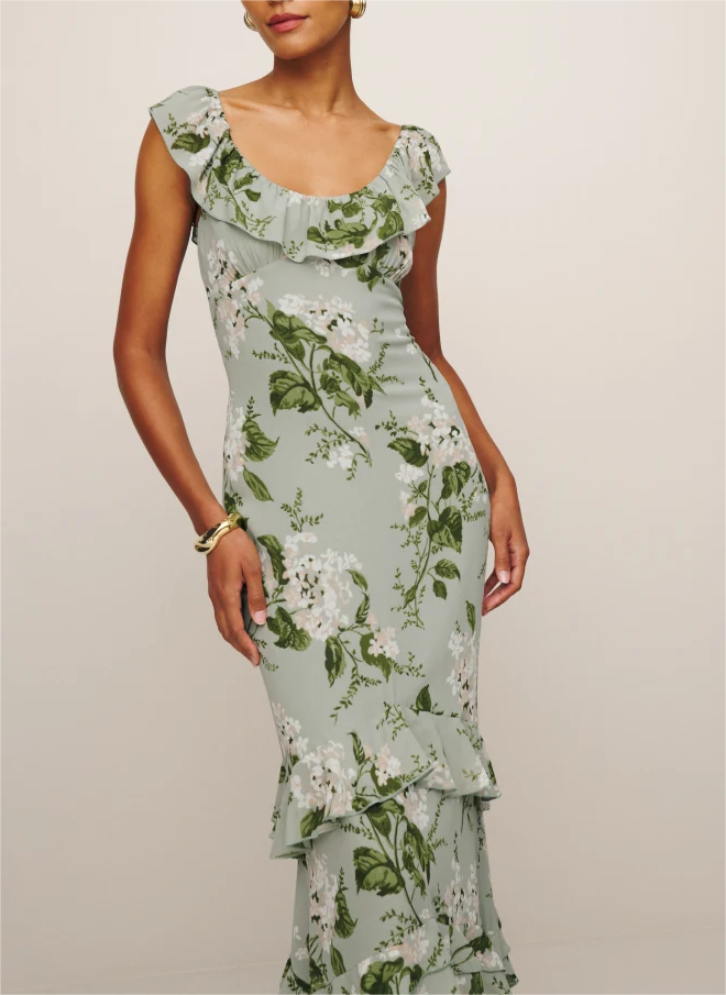 Women's Crew-Neck Floral Ruffle Fishtail Dress