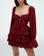 Women's Red Floral Puff Sleeve French Summer Dress