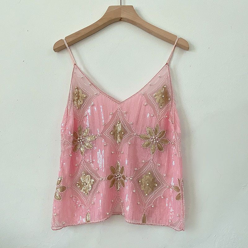 Women's Sequ Beaded Sling Basic Slimming Short V Neck Vest Western