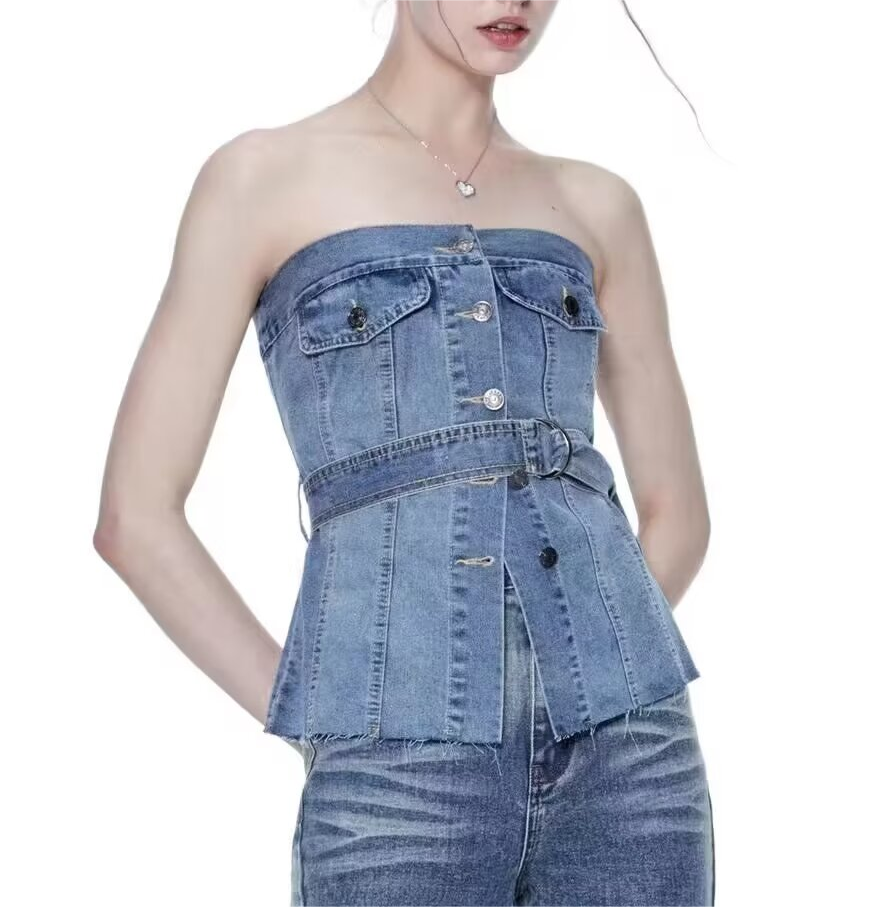 Street Lace Up Waist Tight Denim Top Sleeveless Denim Tube Top Back