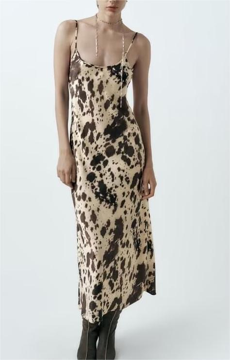 Winter Animal Pattern Printed Silk Satin Textured Dress