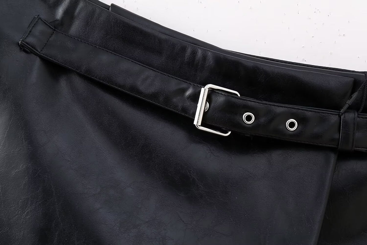 Women's Goods Spring Faux Leather Belt Chic Skirt