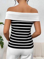 Spring Summer Women Clothing Long Sleeve Striped Off Shoulder Off Shoulder Pullover Women Knitwear