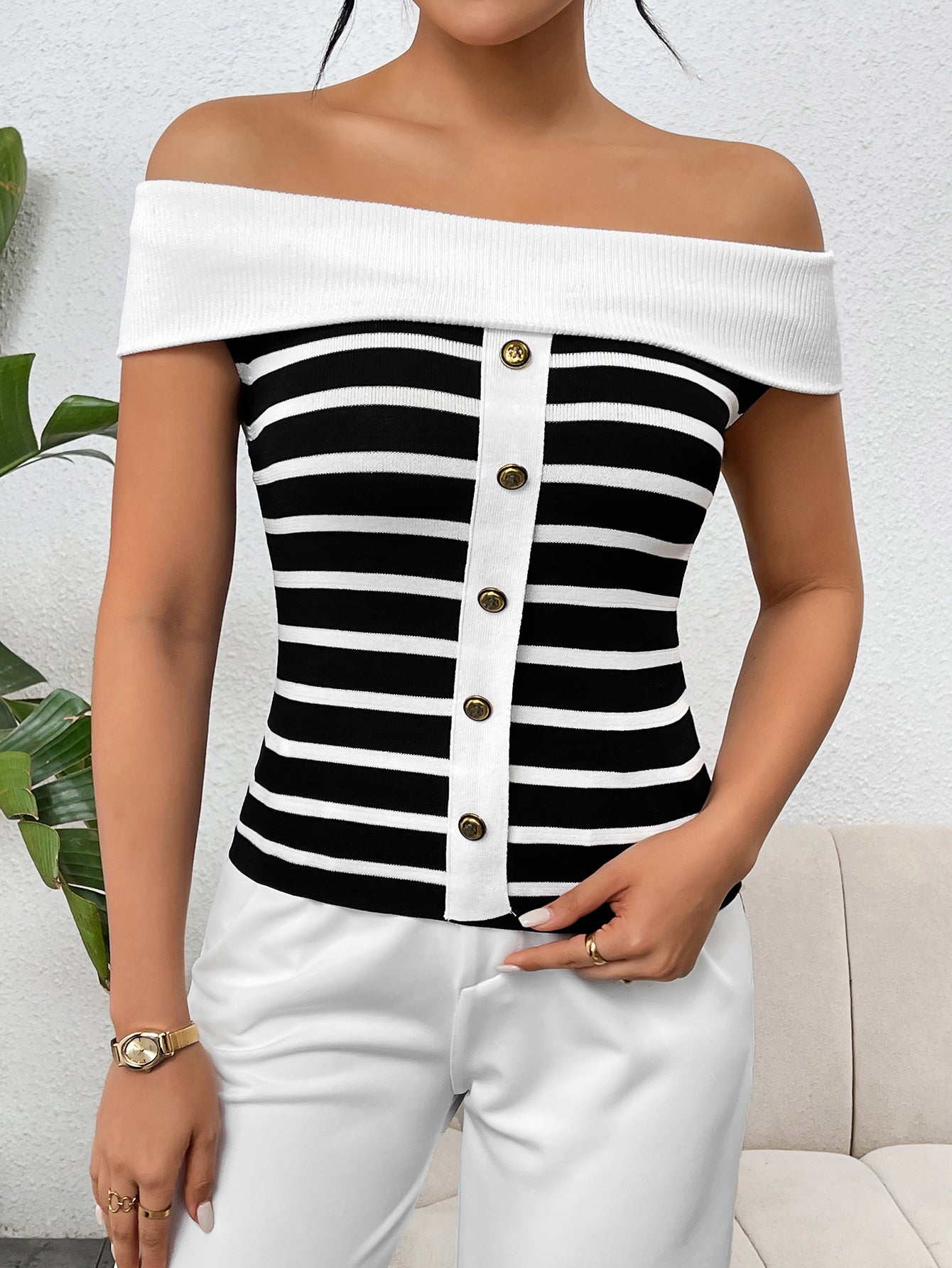 Spring Summer Women Clothing Long Sleeve Striped Off Shoulder Off Shoulder Pullover Women Knitwear