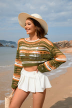 Women’s green, orange, and white striped hollow-knit crop sweater with wide sleeves
