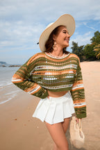 Women’s green and orange striped crochet crop sweater with wide sleeves