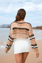 Women’s striped hollow-knit crop sweater, cream with dark sleeve bands (back view)