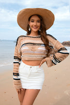Women’s beige striped hollow-knit crop sweater with orange accents