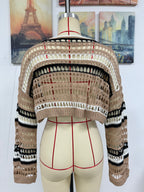 Women’s mannequin knit: beige, green, and black striped hollow-knit crop sweater