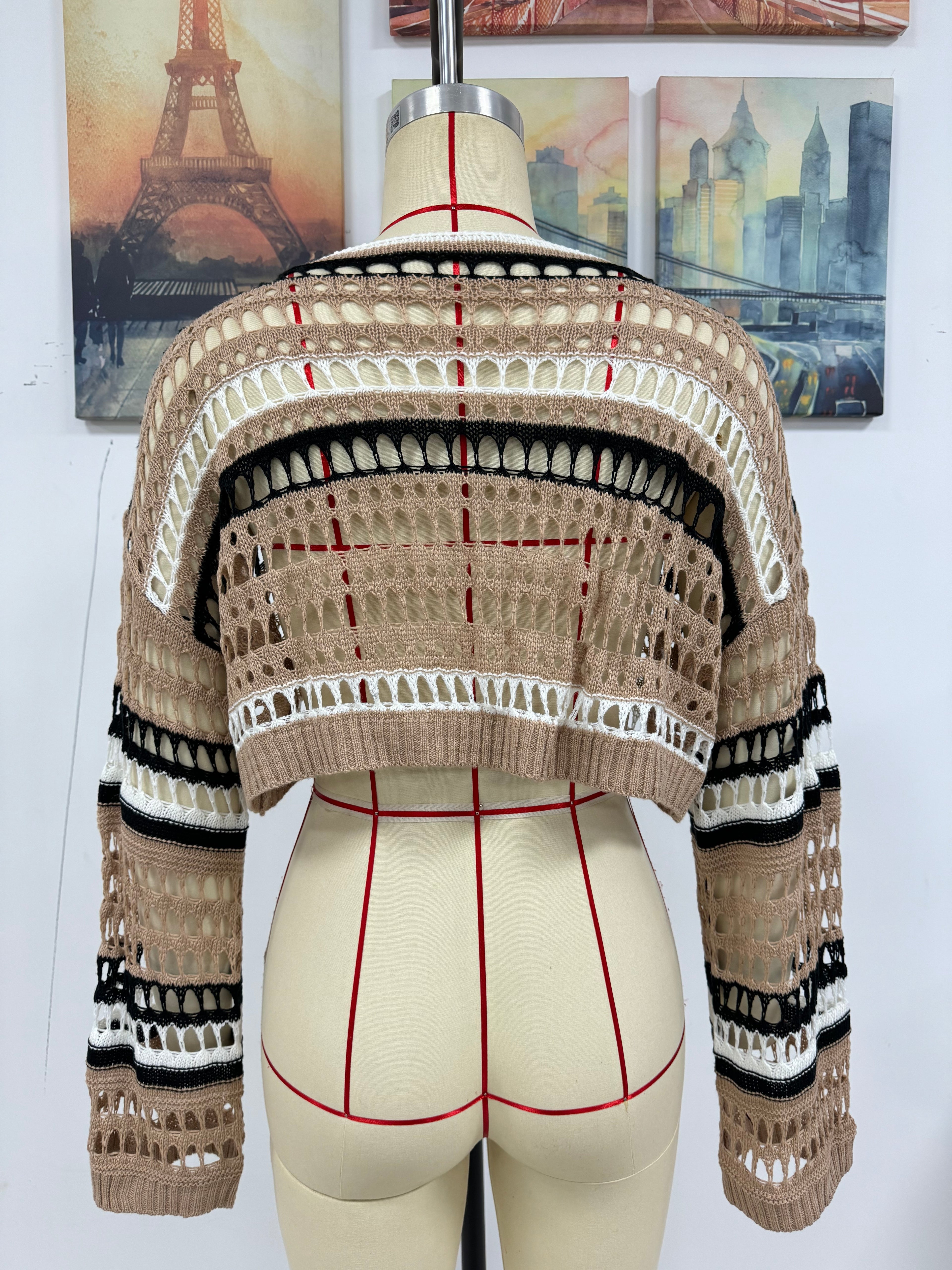 Women’s mannequin knit: beige, green, and black striped hollow-knit crop sweater
