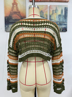 Women’s hollow-out crochet striped knit sweater, dark green with white and orange bands