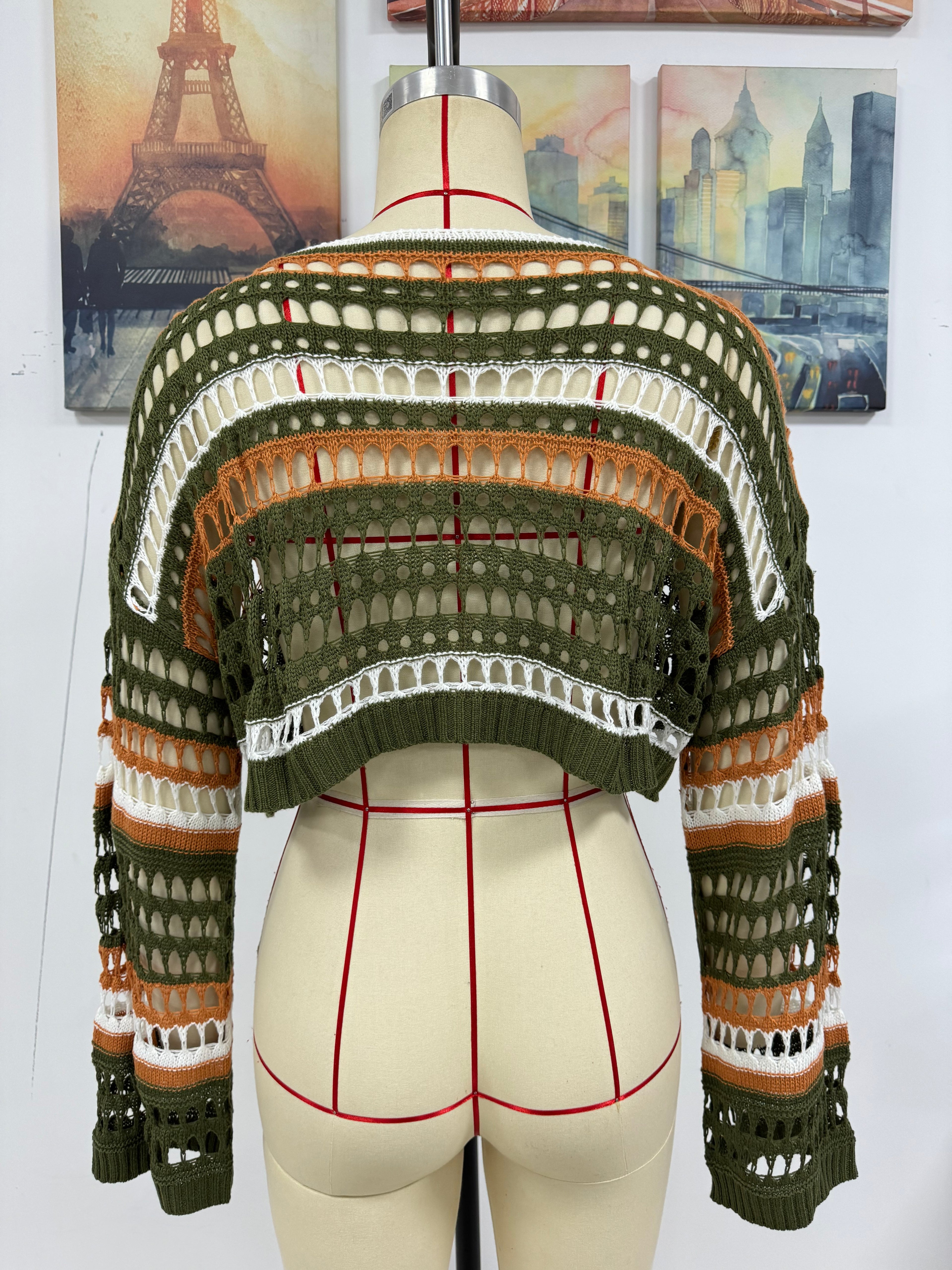 Women’s hollow-out crochet striped knit sweater, dark green with white and orange bands