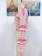 Women’s hollow-out crochet striped knit sweater, pink with white lattice bands