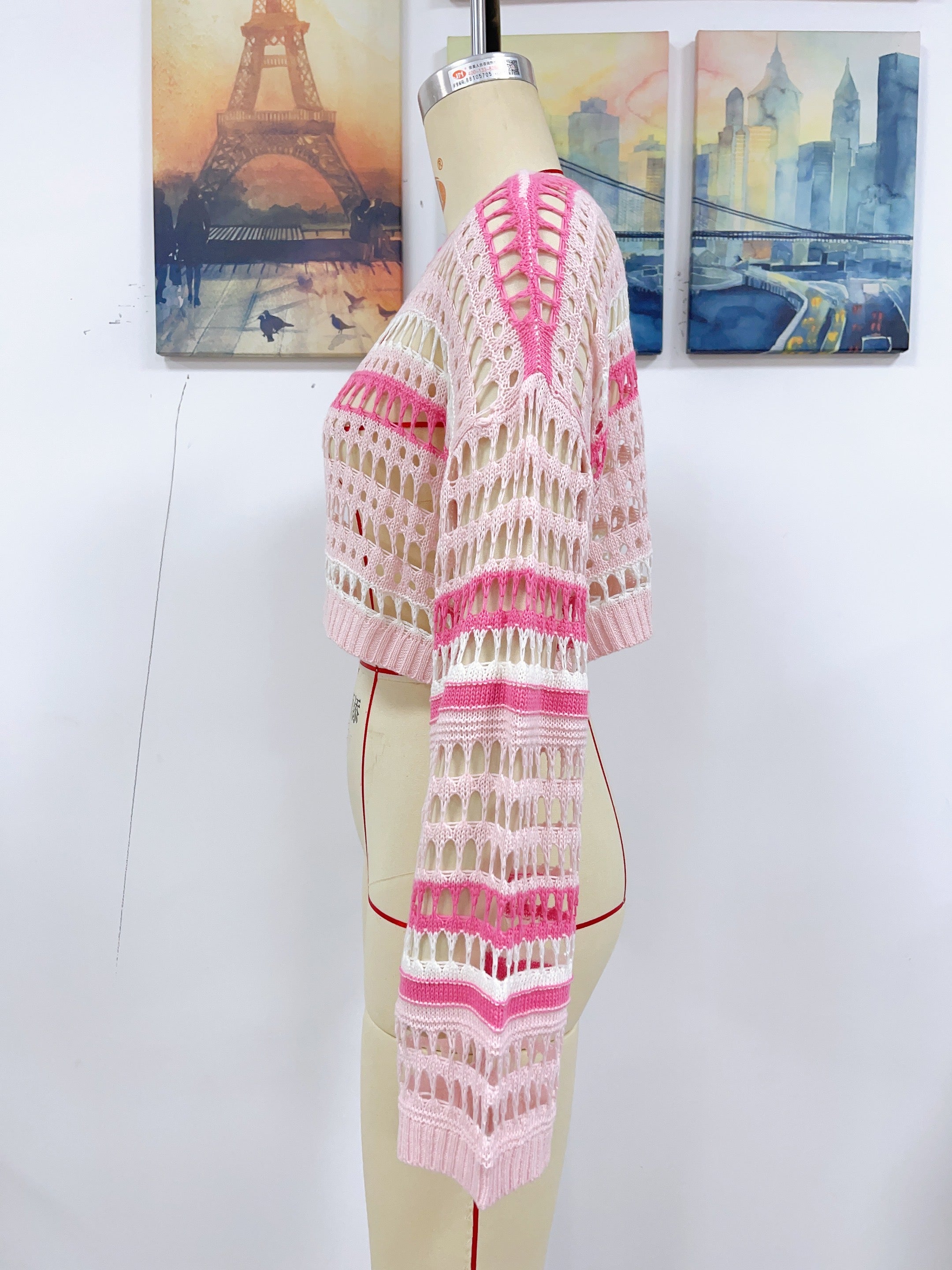 Women’s hollow-out crochet striped knit sweater, pink with white lattice bands