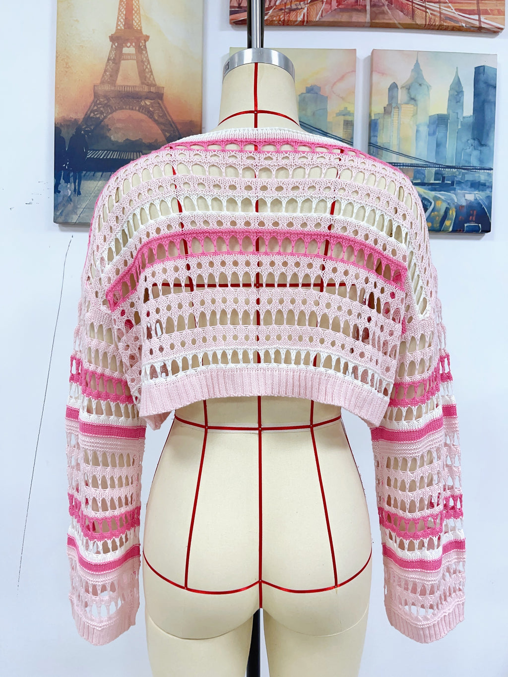 Women’s hollow-out crochet striped knit sweater, white with bright pink striped bands